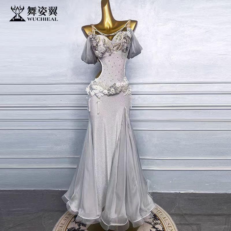 ベリーダンス衣装 シルバービジュー舞台ロングドレスエレガント 社交ダンスドレス