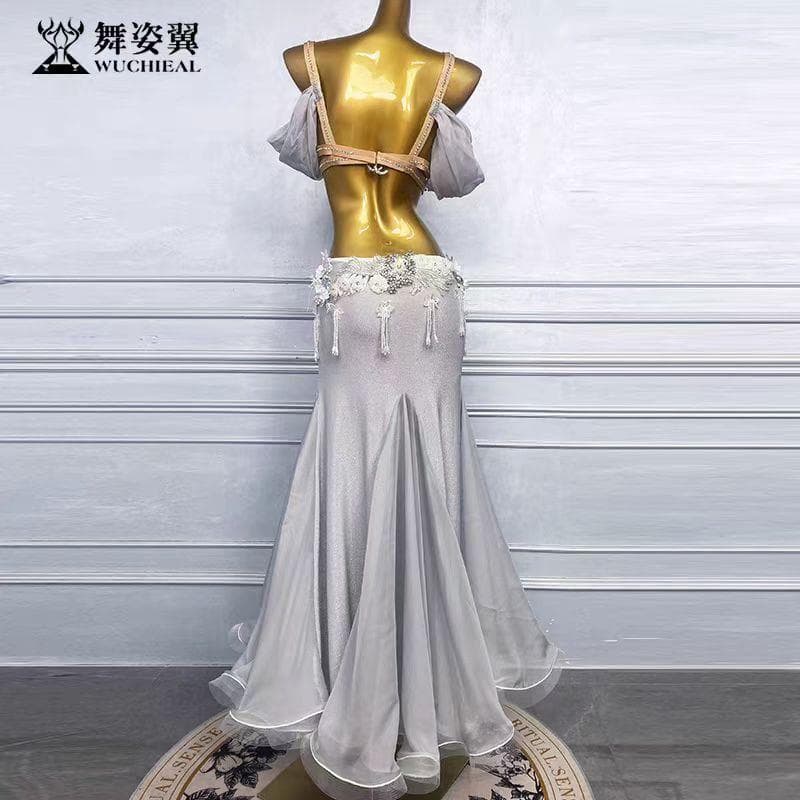 ベリーダンス衣装 シルバービジュー舞台ロングドレスエレガント 社交ダンスドレス