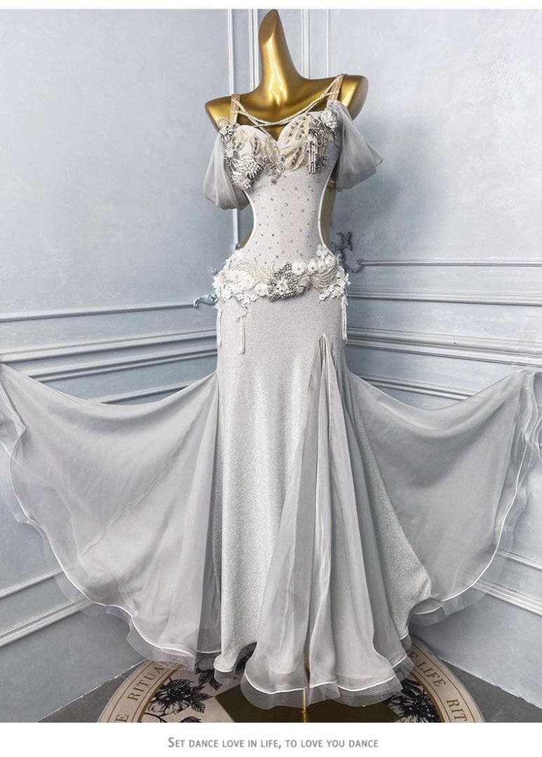 ベリーダンス衣装 シルバービジュー舞台ロングドレスエレガント 社交ダンスドレス