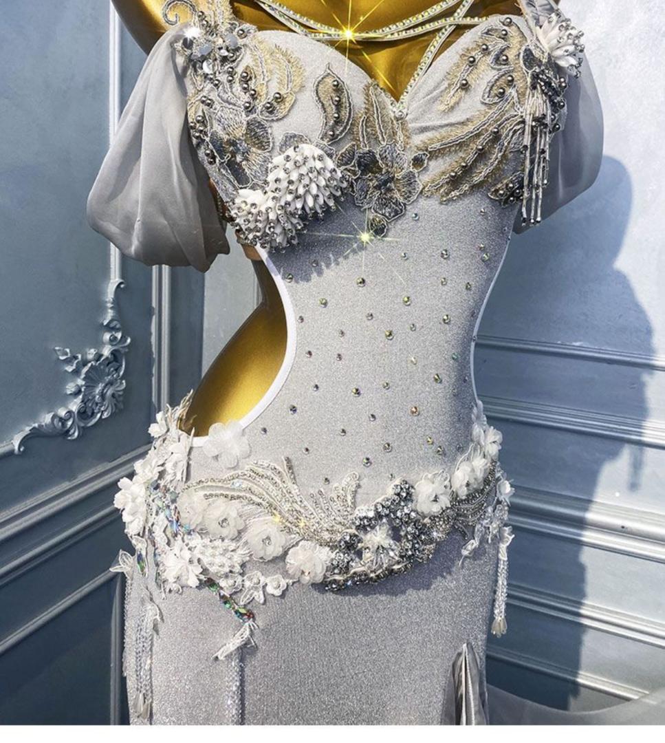 ベリーダンス衣装 シルバービジュー舞台ロングドレスエレガント 社交ダンスドレス