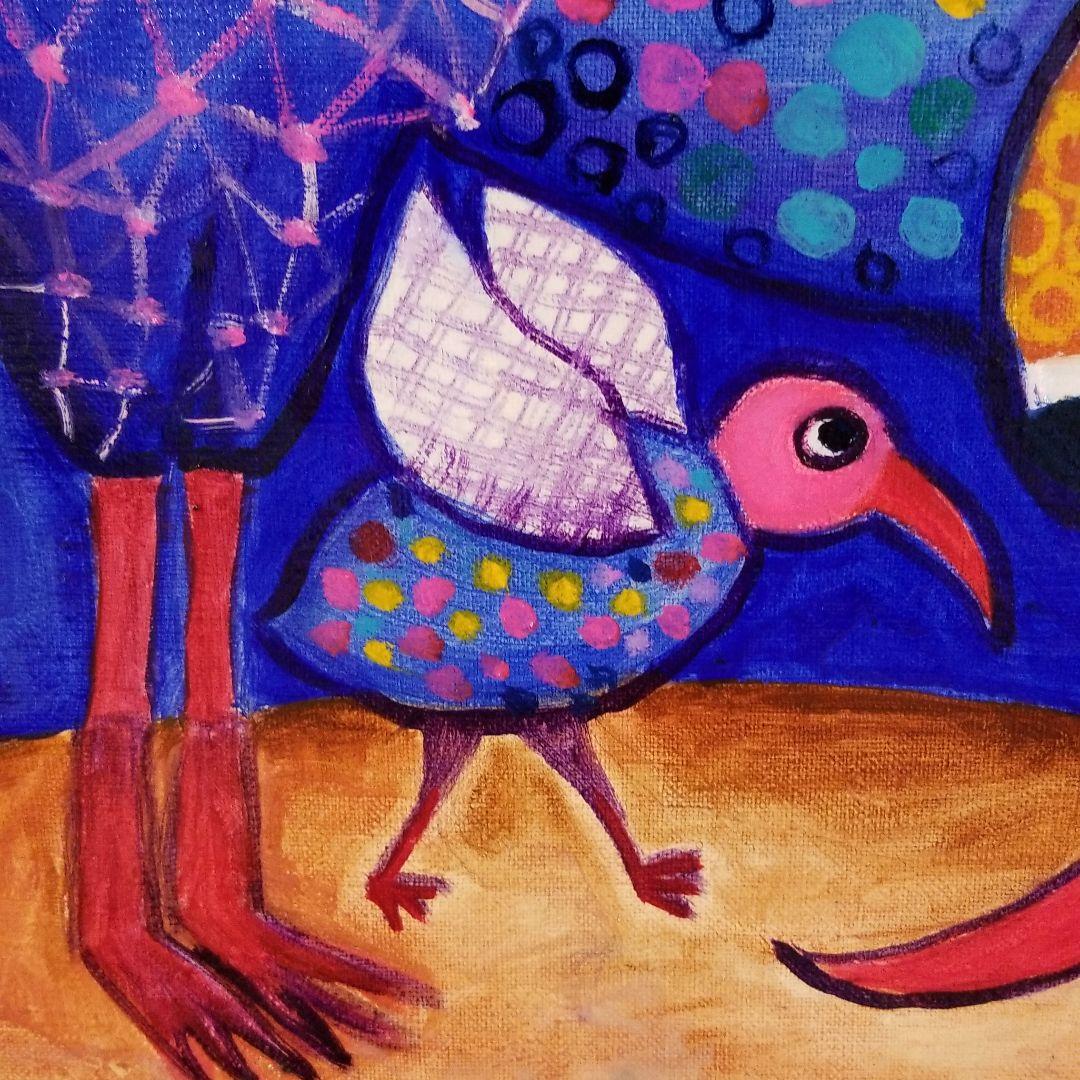 油絵　ゆうみ　羽ばたく練習を見る鳥