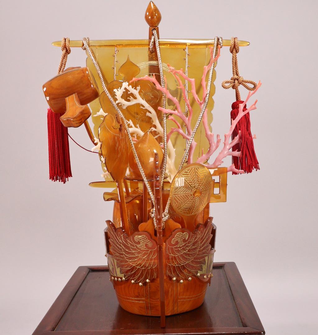 BK194　本鼈甲 「 鳳凰宝船 」 寶船　べっ甲　置物　床飾　珊瑚細工　台付