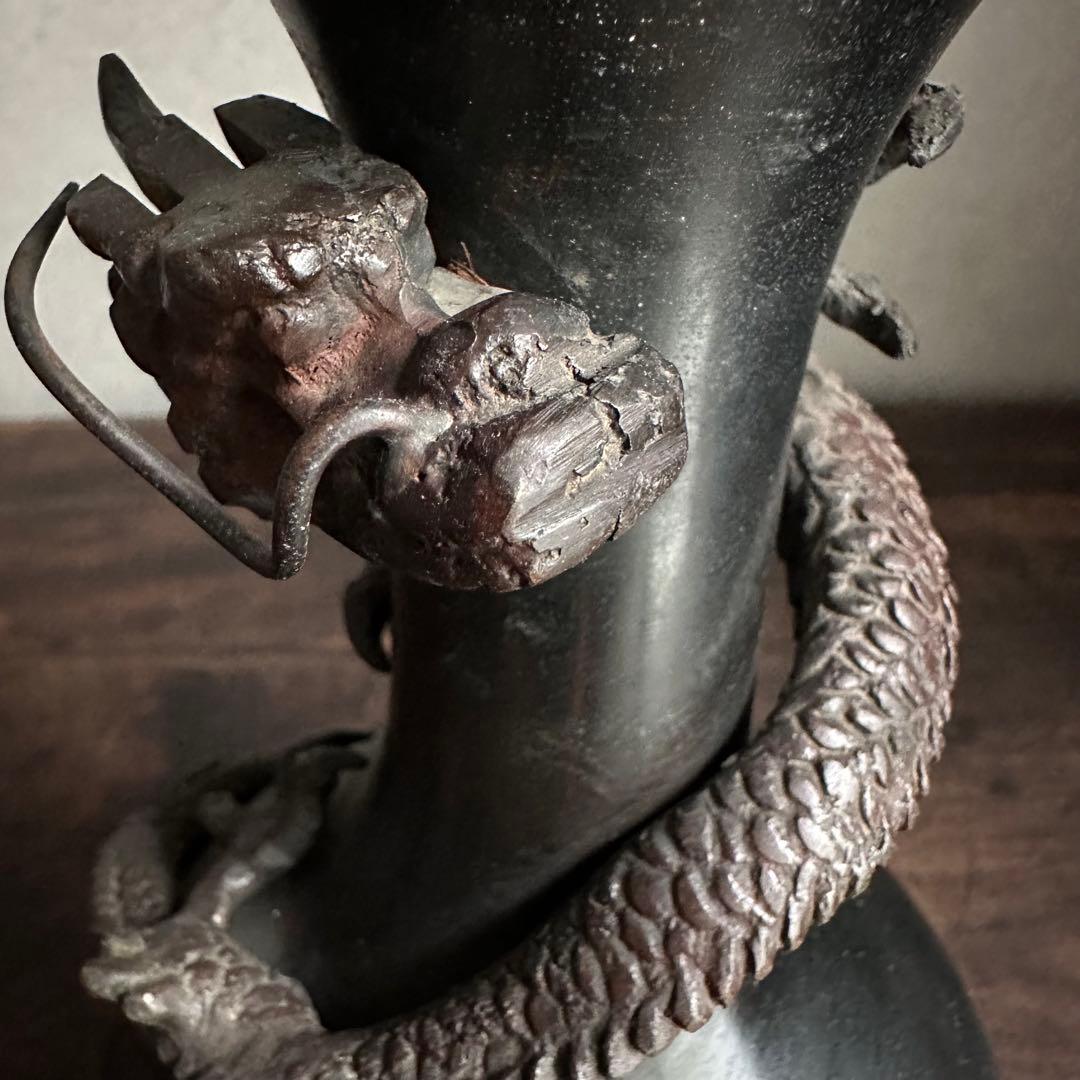 【希少】　古銅　銅製　鉄龍巻　龍巻花瓶　雄峰造　雄峰在銘　花入れ　高岡銅器　小