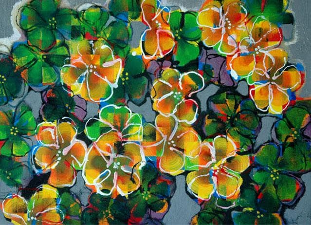 油絵 菅家令子 絵 絵画インテリア額付(青緑＋金色の枠) F4-091616 花