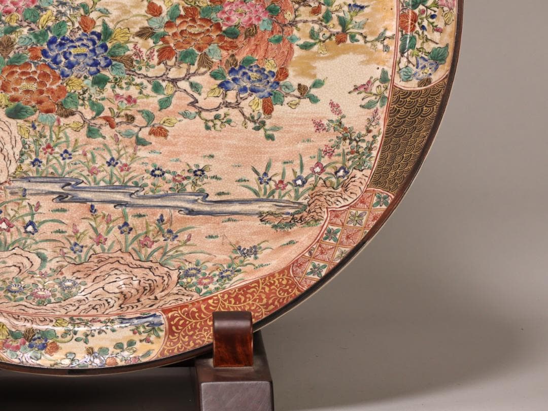 BK439　古九谷青手庄三造乃図　飾皿　二重角福　共箱　大皿　直径58㎝