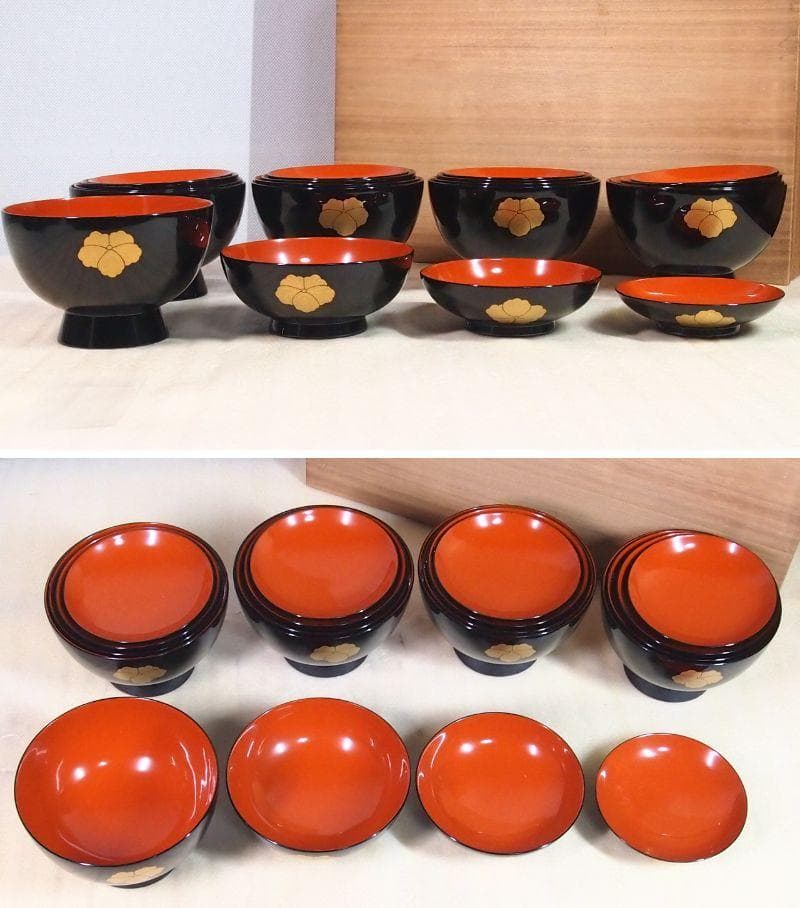【未使用】輪島塗 熊野茂次 蔦蒔絵/蔦文 四つ椀5客 入れ子椀 布着本堅地 漆器