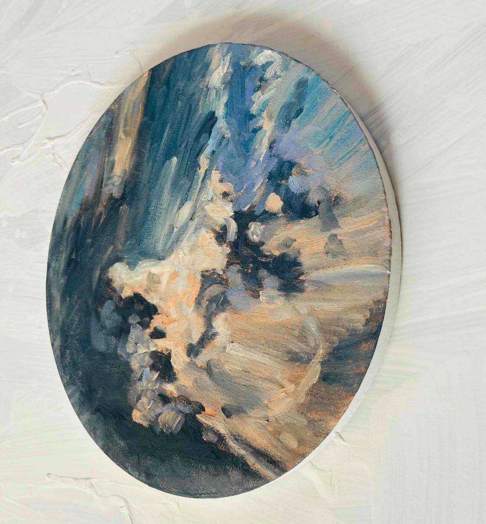 絵画「Khaos」家の上空　油彩・原画・直径30㎝　丸形・アートパネル