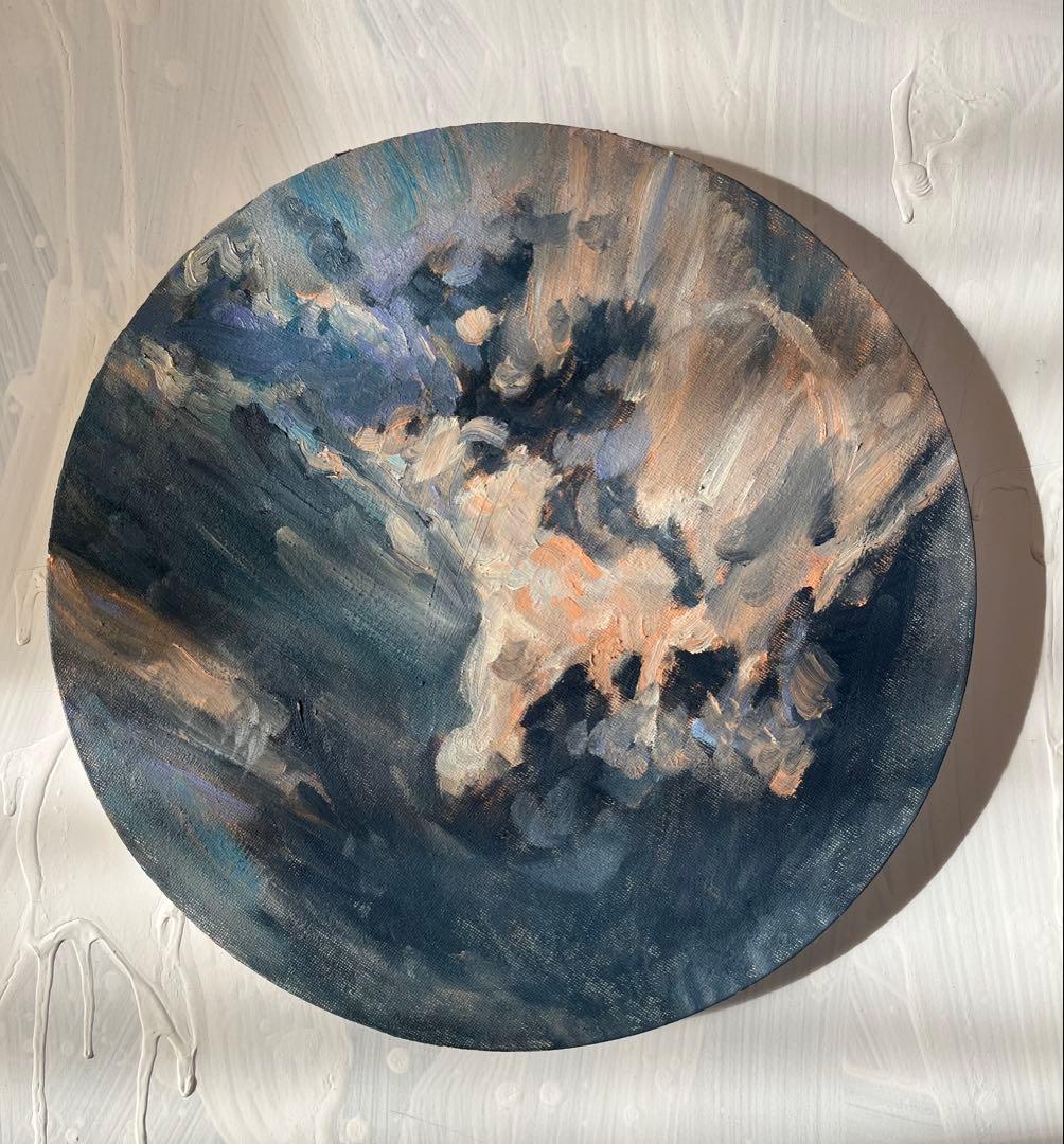 絵画「Khaos」家の上空　油彩・原画・直径30㎝　丸形・アートパネル