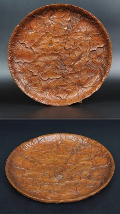 送料無料　時代物 蓮花総彫り盆 径26ｃｍ 大珍品　茶道具