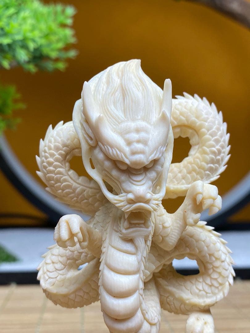 天然マンモス牙美しい手作り彫刻　至尊神龍　置物