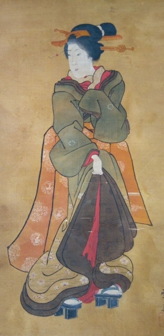 掛け軸、浮世絵美人画絹本、小磯崎雪窓画(浮世絵名歌川芳秀）