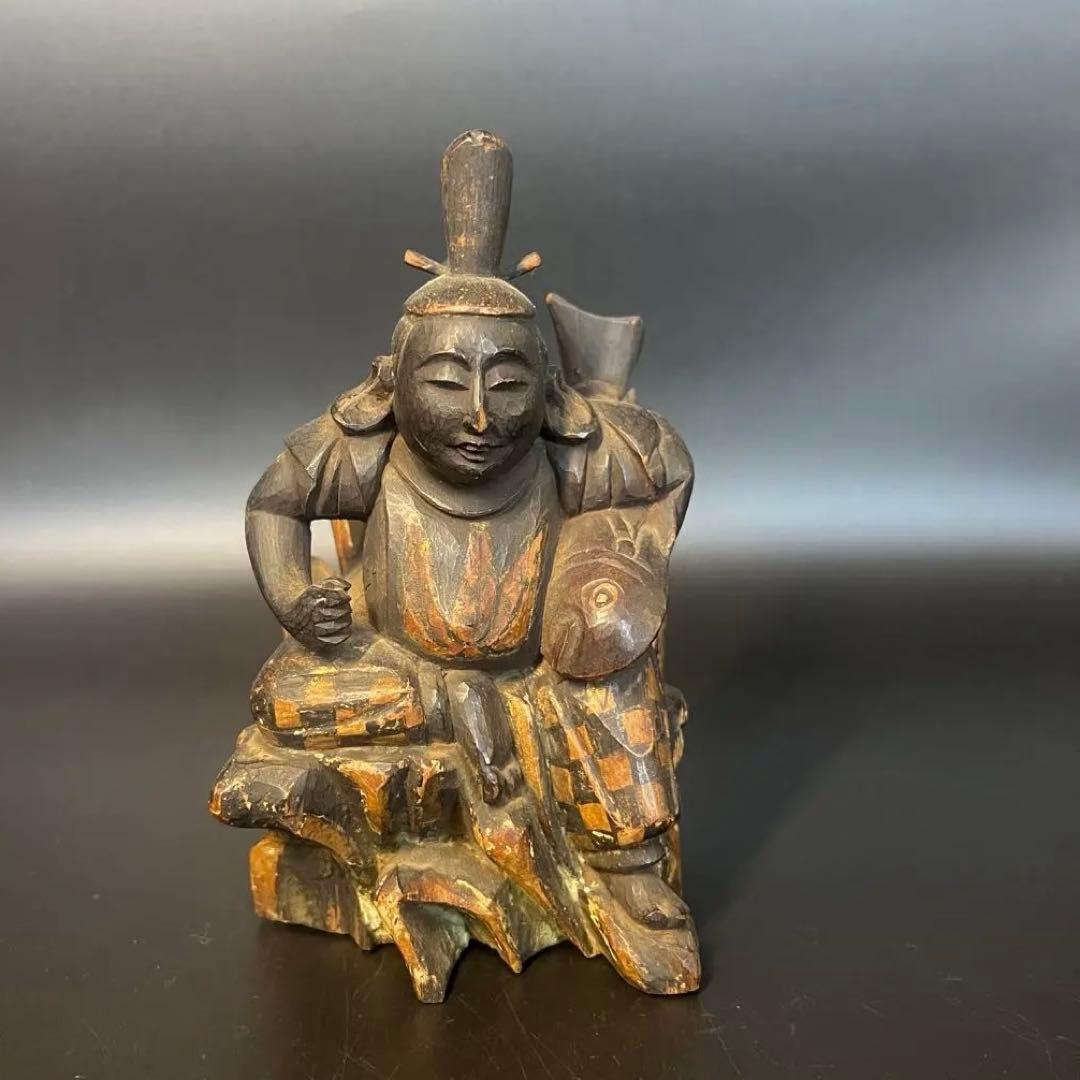 江戸後期〜明治初期 木彫 恵比寿像 ◎一木彫／古色自然／数寄者好み◎古美術庵々