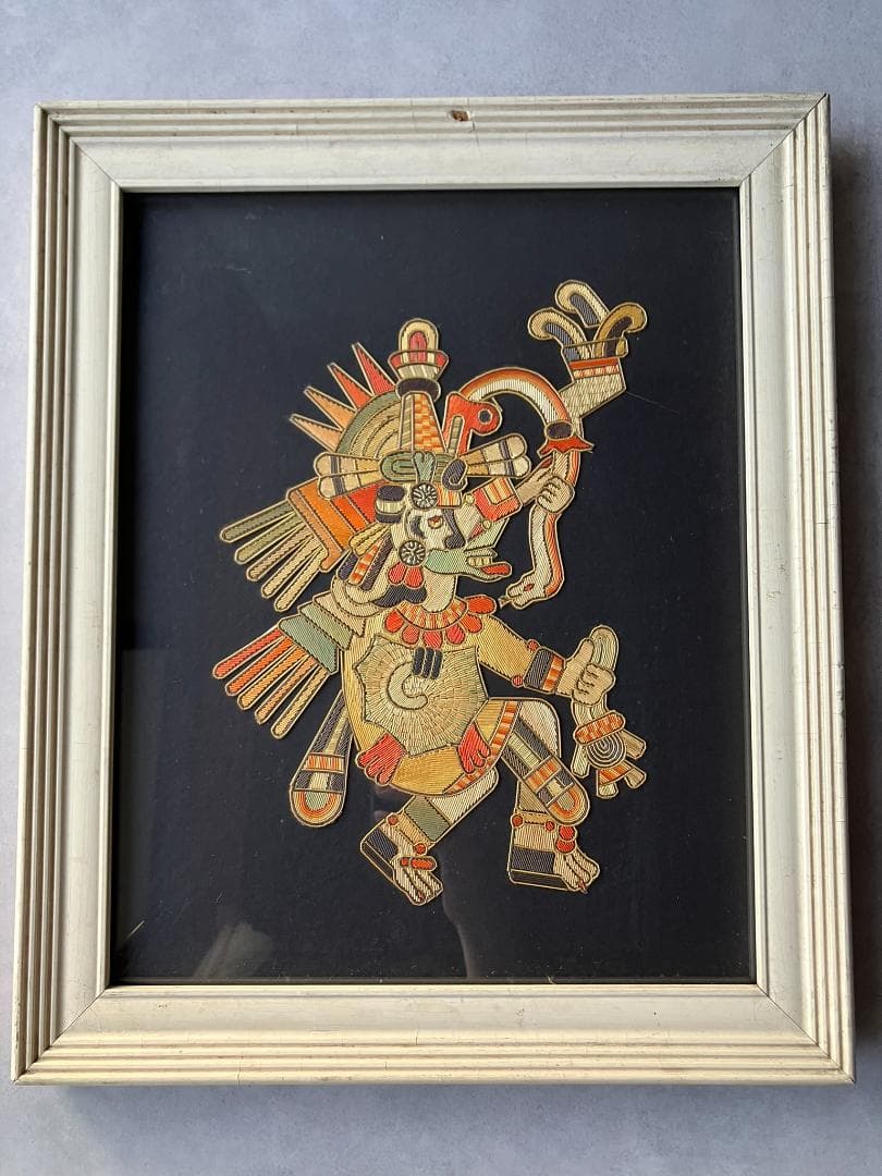 貴重☆アステカ文明ナチュラルな麦わらアート絵　アンティーク壁掛け　マヤ　メキシコ