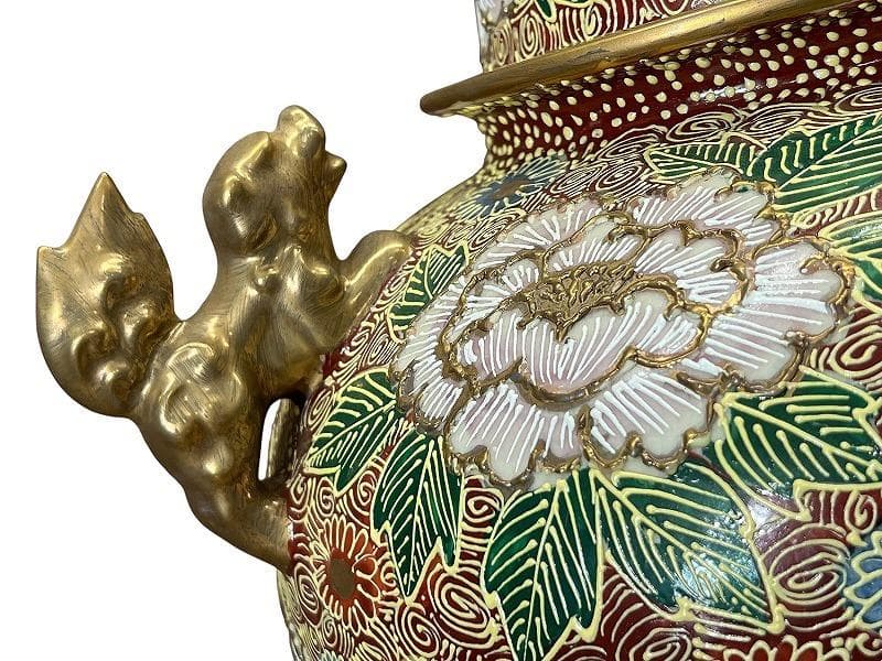 ※専用　九谷焼 金彩色絵 花尽し 花詰文 獅子摘 金襴手 大香炉 約46cm