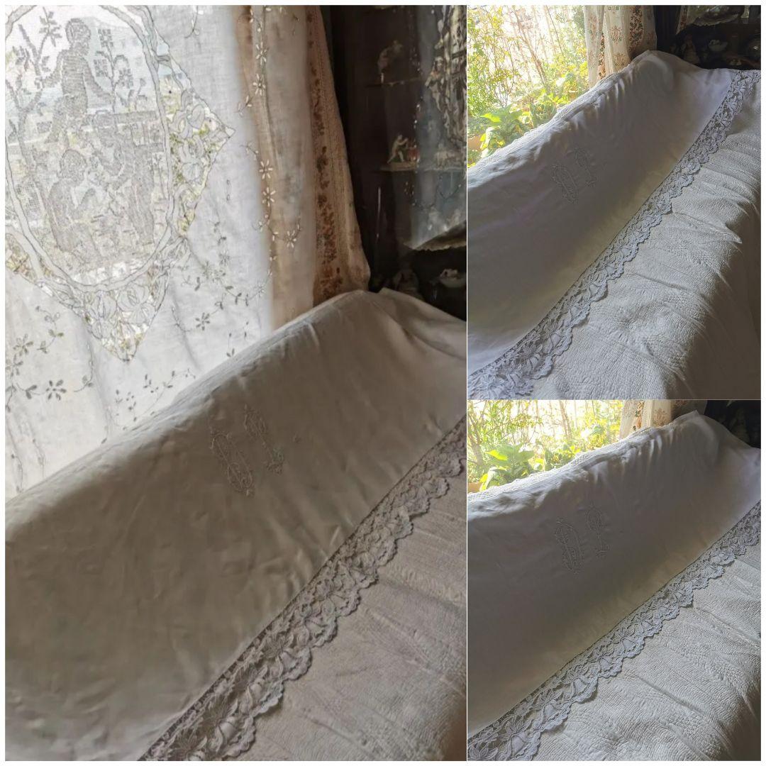 アンティーク イニシャル刺繍ＤＰ ベル風スカラップ花トリム ロングクロスカーテン