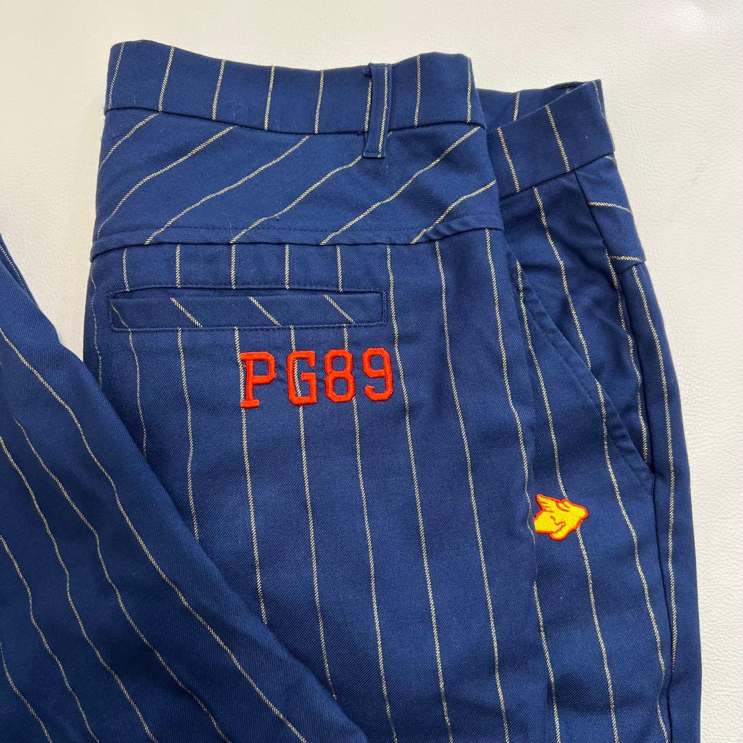 【大きいサイズ】パーリーゲイツ ゴルフパンツ ストライプ 紺×金 花柄 伸縮性