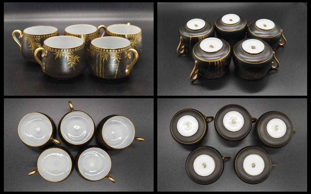 明治期 黒地金彩色絵【竹鳥図】カップ&ソーサ― (5セット) 在銘 里帰り