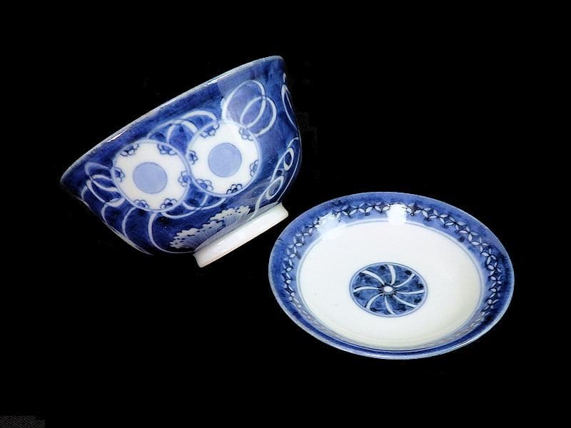 古伊万里　染付　鼓に調緒の図　蓋茶碗　江戸期　E213AS-CHl