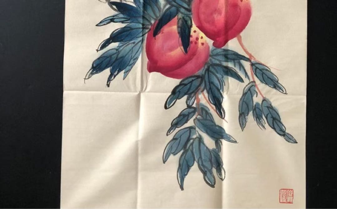 中国古美術・桃図三尺画芯・斉白石印款・水墨彩色画・純手描き・文房・宣紙・带水印