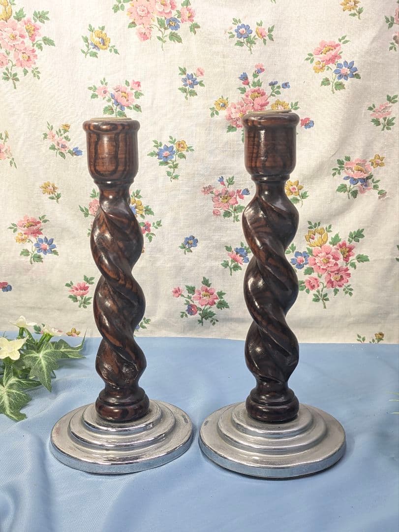 イギリス アンティーク オーク材 キャンドルスタンド ペア ２個セット