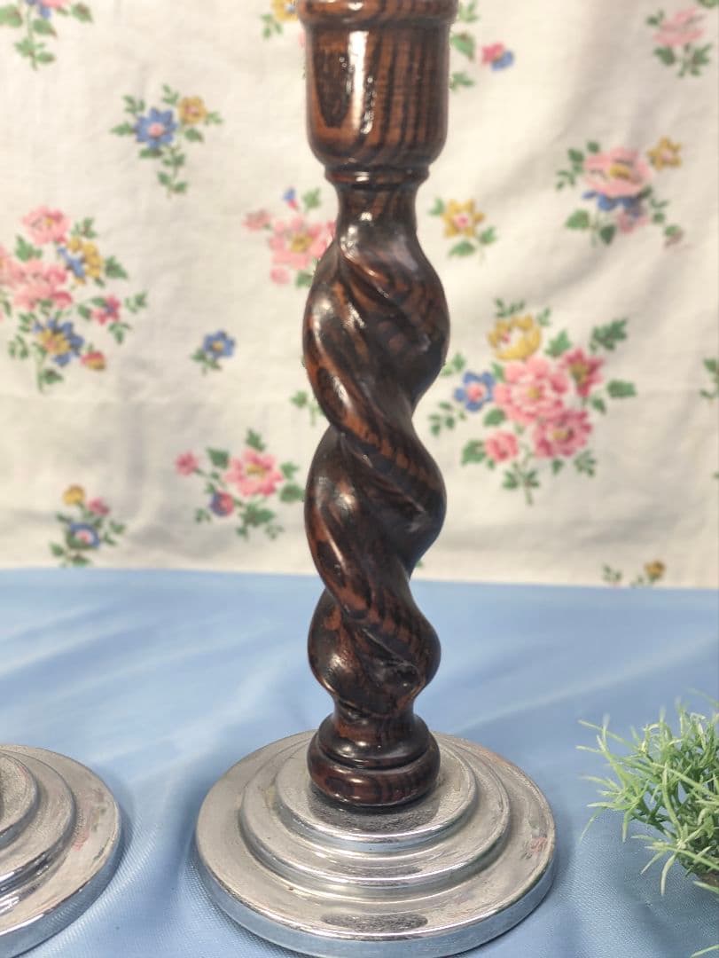 イギリス アンティーク オーク材 キャンドルスタンド ペア ２個セット