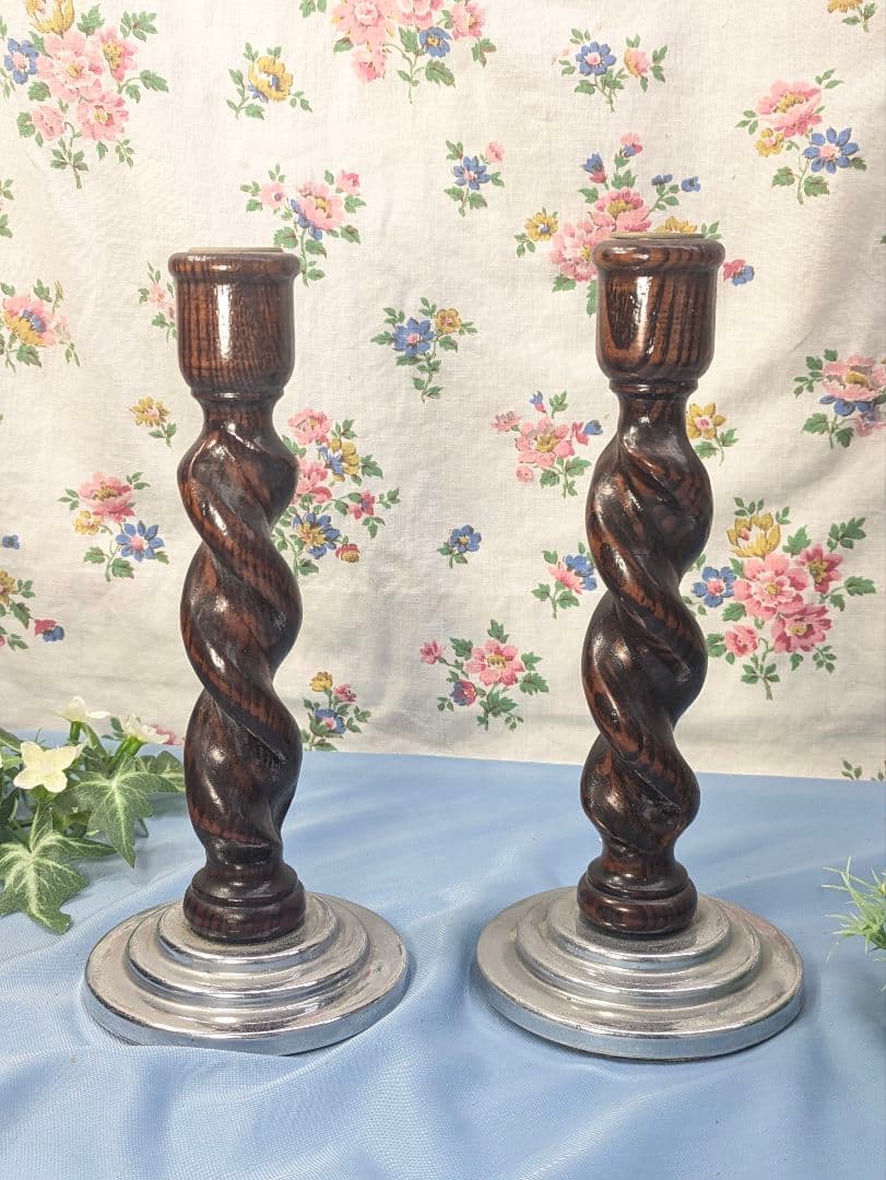 イギリス アンティーク オーク材 キャンドルスタンド ペア ２個セット
