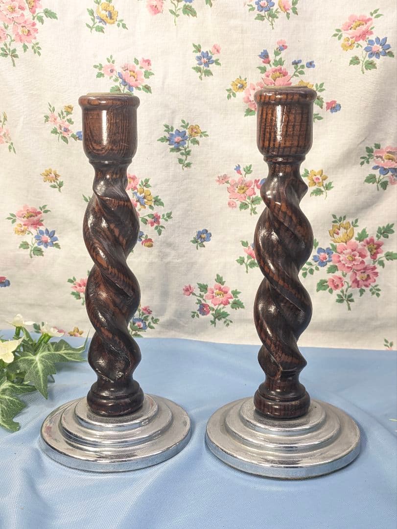 イギリス アンティーク オーク材 キャンドルスタンド ペア ２個セット