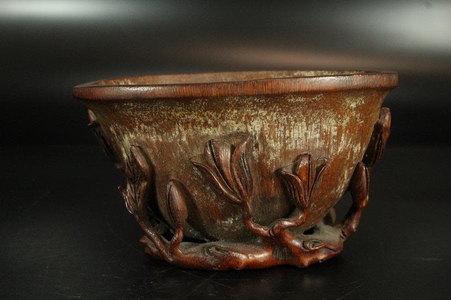 中国美術 竹根 刻 蓮花 碗 洗 13cmx9cm 文房四宝(K-LC561)