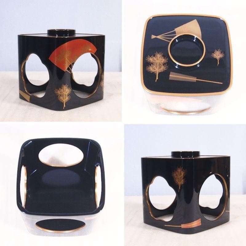 【美品】輪島塗 わじま慶塚 扇面に松蒔絵 四段重箱 台付き＆屠蘇器 お重/酒器