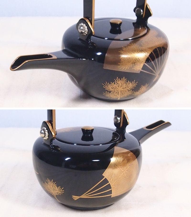 【美品】輪島塗 わじま慶塚 扇面に松蒔絵 四段重箱 台付き＆屠蘇器 お重/酒器