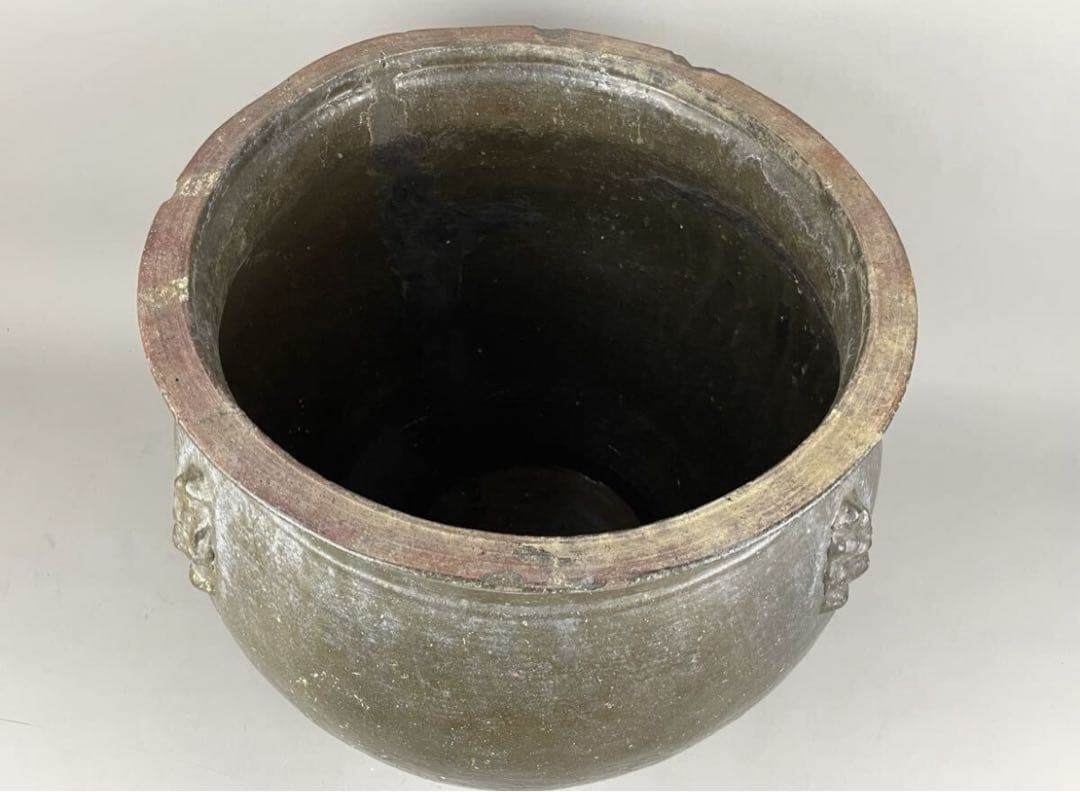 鹿児島旧家蔵出し古薩摩 大瓶 七福神 布袋 張付文 甘酒半胴 薩摩焼 花瓶 飾壺