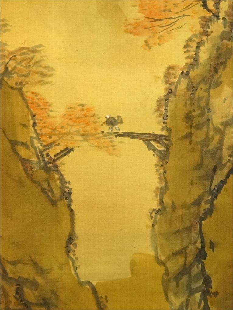 掛軸 田中六峰『秋景山水図』日本画 絹本 肉筆 無地箱 掛け軸 g11175