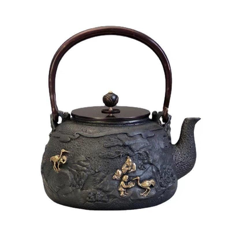 鋳鉄製黒色鉄瓶 鶴と人形の浮彫り 老鉄瓶 提梁壺★未塗装鉄器 1.3L