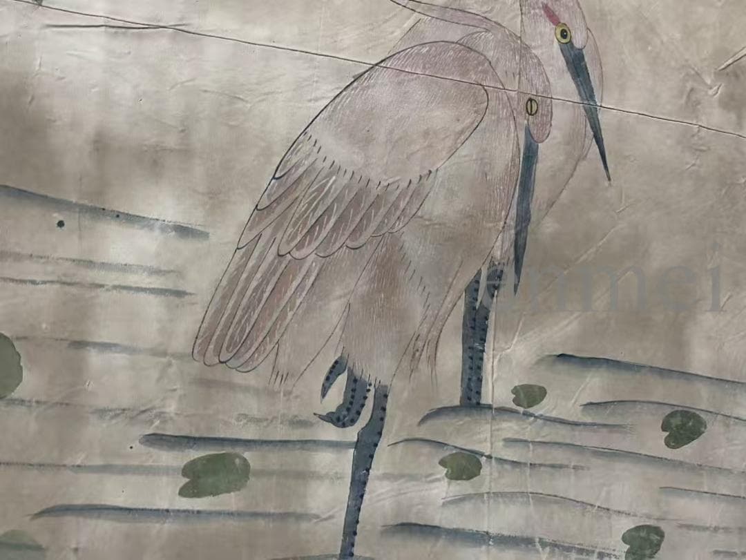 中国古美術・旧藏・明末風・周之冕款・花鳥画・絹本中堂掛軸・純手描き・書画・骨董品