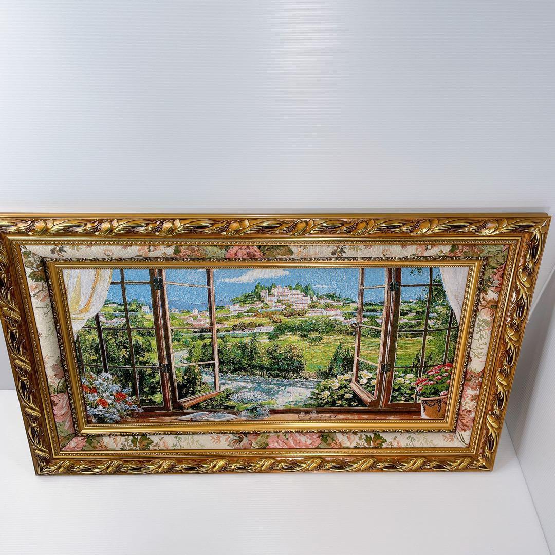 【美品】絵画　『窓から眺める丘』　フランス・ゴブラン織り使用　良質　額絵