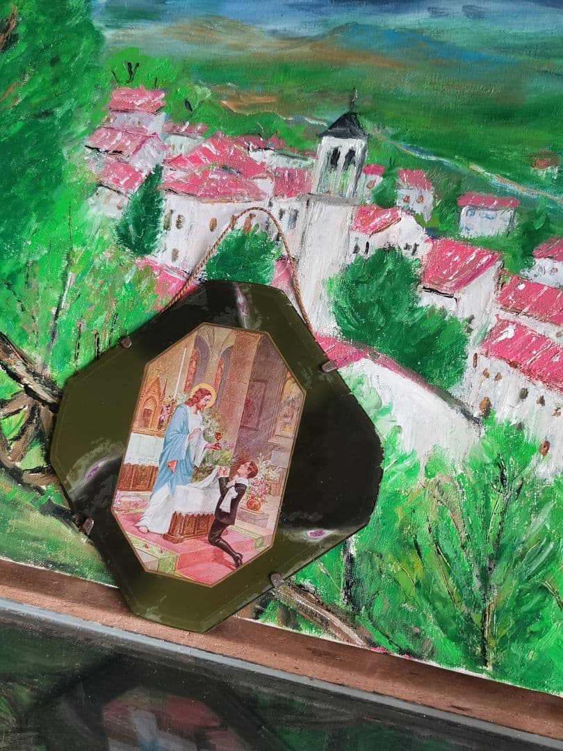 アンティーク 初聖体記念 キリストと少年 美しい八面体壁掛け深緑ガラスパネル