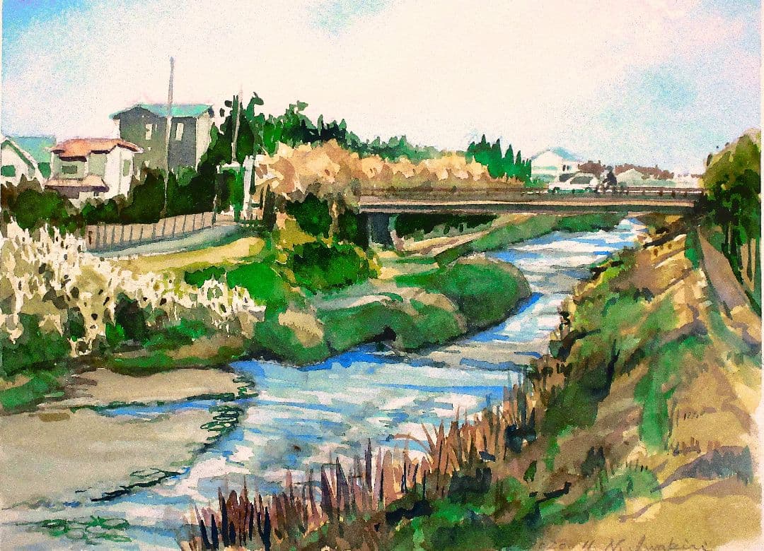 川のある風景 水彩画 フレーム付き