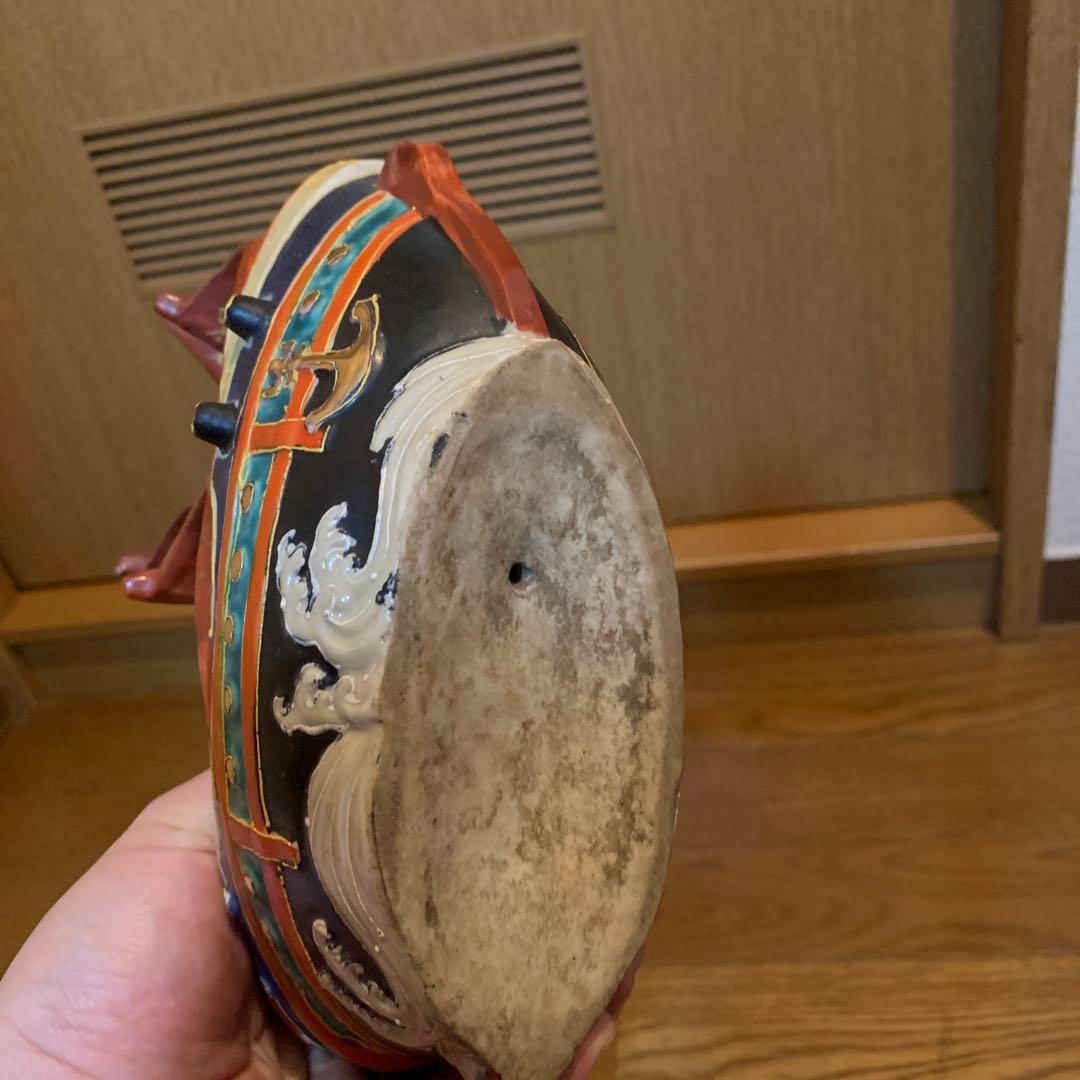 九谷焼　宝船　昭和骨董品　金彩極彩色陶器 縁起物 置物