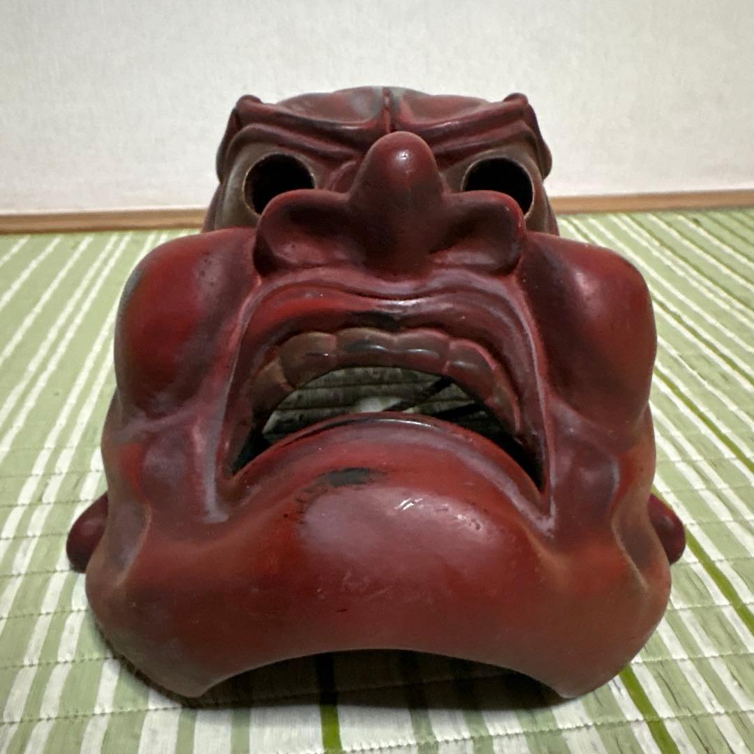 お面　能面　神楽面　仁王　仏具　鬼　男　赤　工芸品　渦　金剛力士　壁掛け　置物