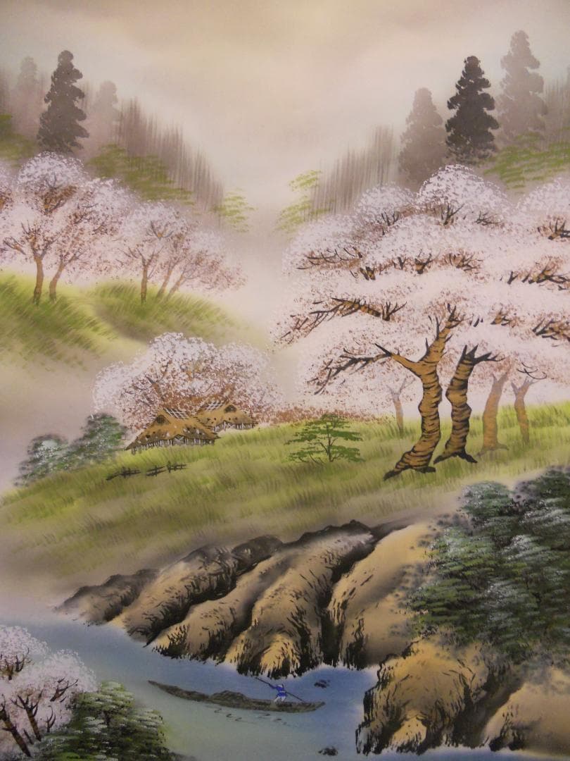 掛け軸 松泉 櫻花爛漫之図 絹本 希少 軸装 茶道具 掛軸 美品 です。