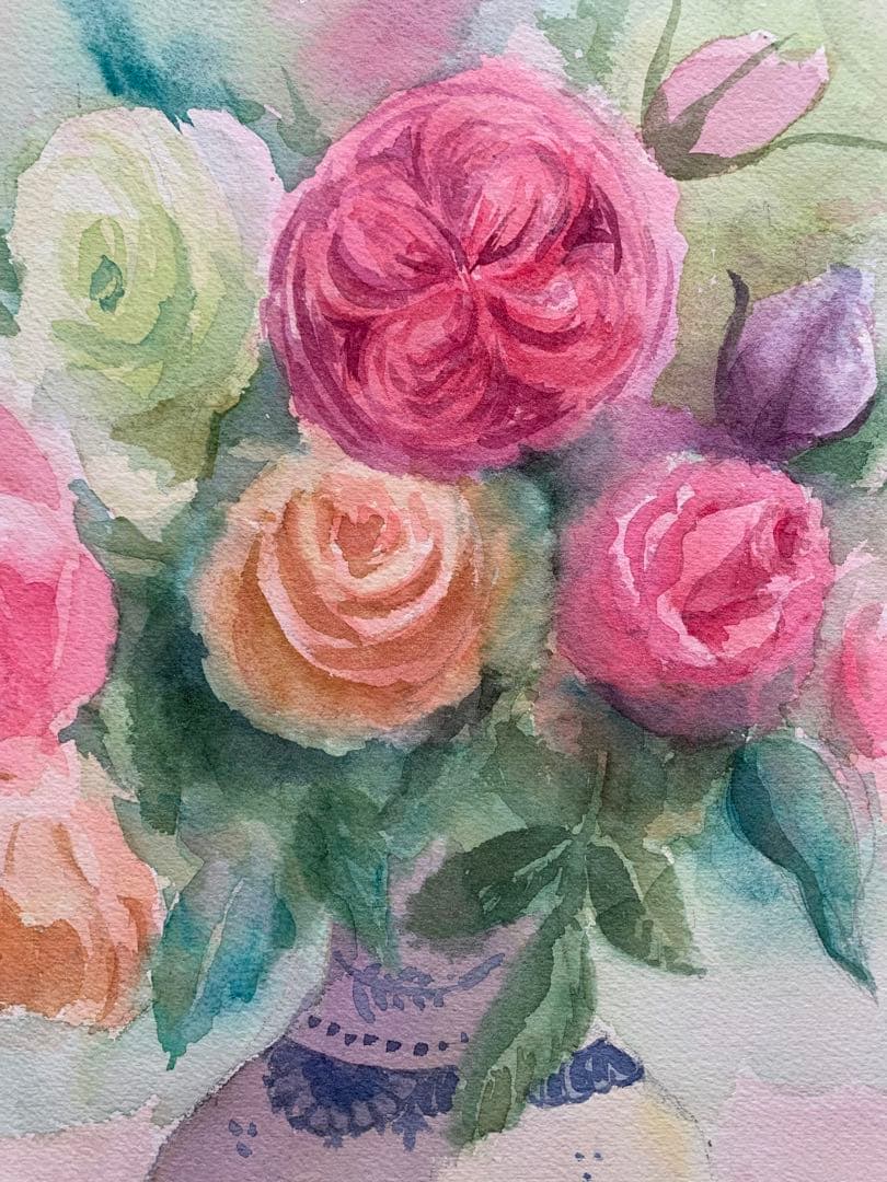 透明水彩画原画一点物デルフト焼きの花瓶と春の精②