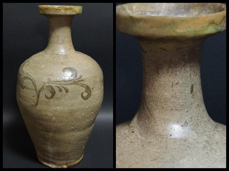 高麗 鉄絵灰釉徳利 絵高麗『唐草文』 広口瓶 花器 茶道具 陶芸アンティーク