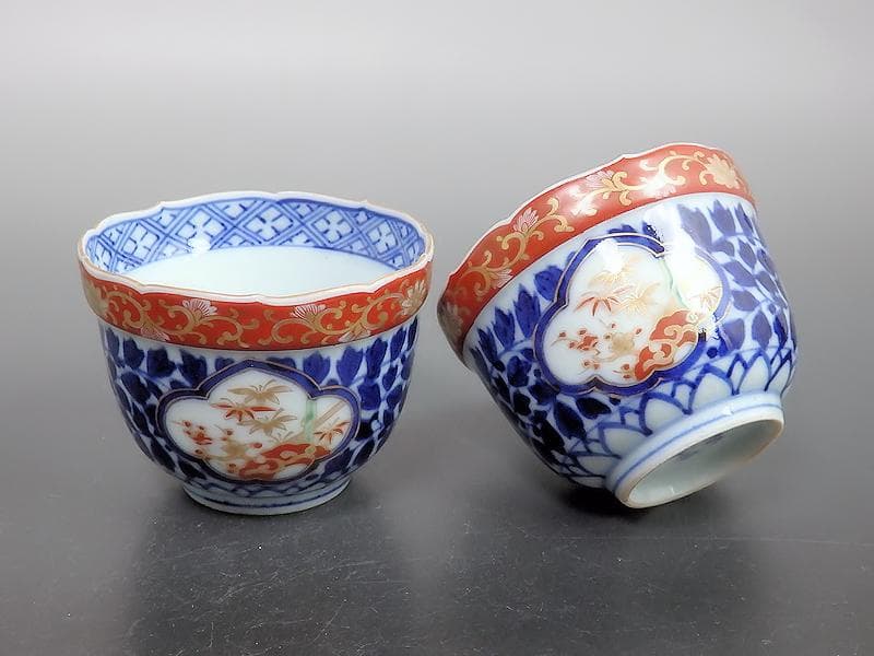 大聖寺伊万里　染錦　窓絵　葉唐草の図　向付　２客　D686AS-BDu