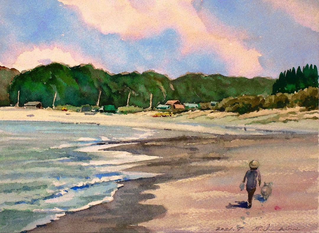 海岸の風景 水彩画 フレーム付き