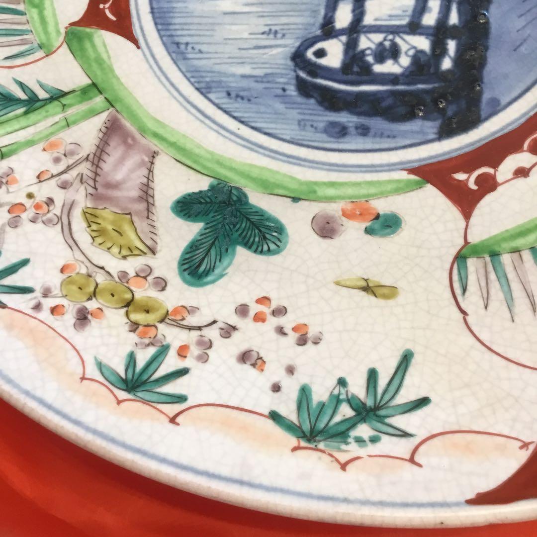 風景画と花模様の茶碗　アンティーク古い　大皿　飾り皿　約39センチ