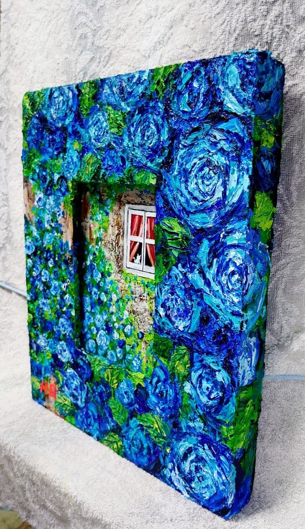 油絵 絵画【猫と青い薔薇】