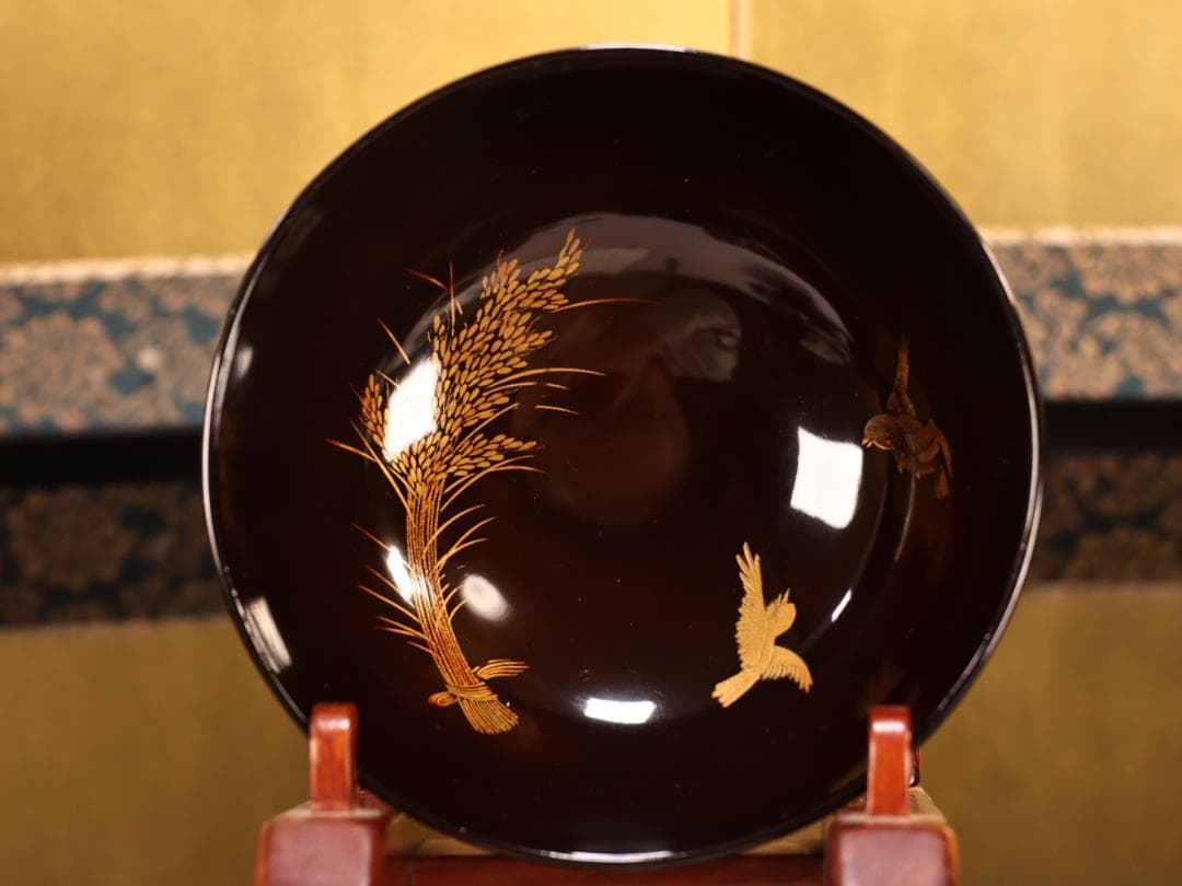 BK408　時代輪島塗　稲穂雀図金蒔絵　吸物椀　二客　木製　茶道具 懐石 会席