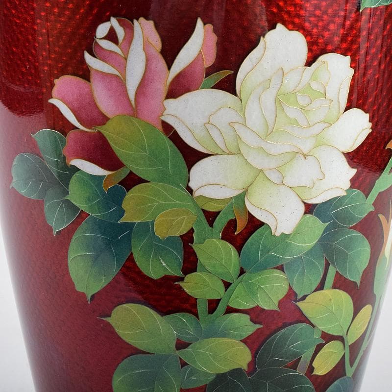 七宝焼　赤透釉　薔薇文　花瓶　唐木台・時代箱付　V　R9466