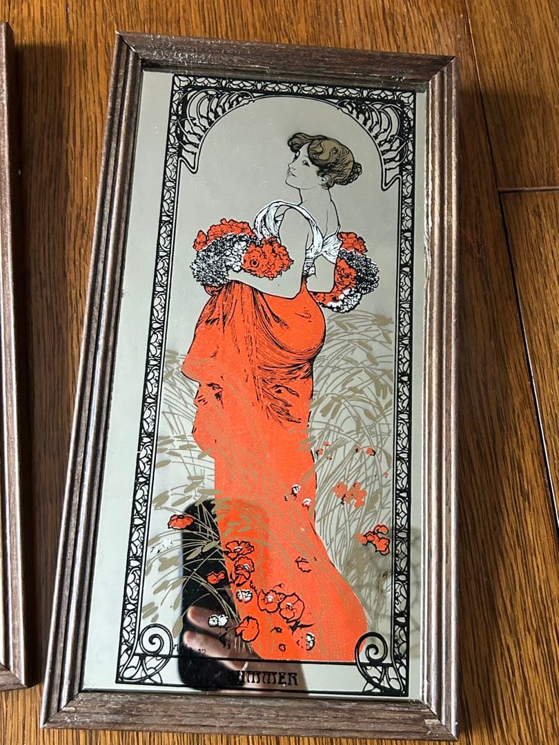 英国　ヴィンテージ 木製フレーム　ウォールミラー　サマー　スプリング　2枚