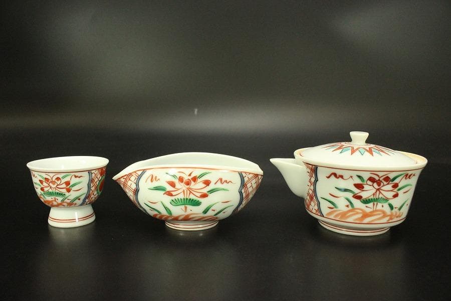 煎茶 赤絵 在銘 茶器揃い 未使用(A729)